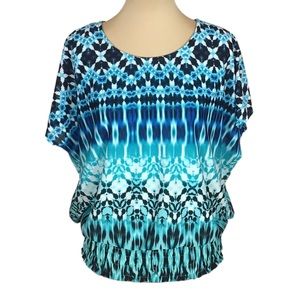 Roz & Ali Shirred Waist Blue Tie-Dye Short-Sleeve Blouse, Women's Medium